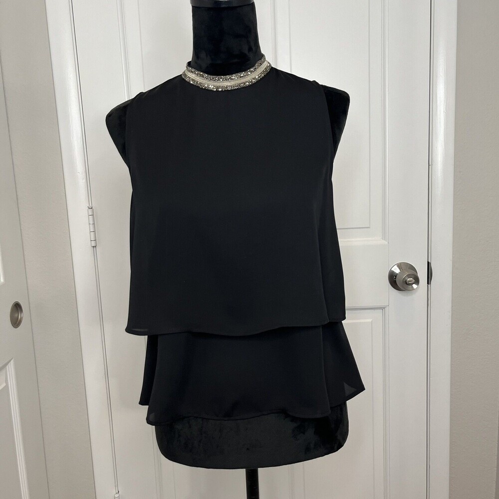 Zara Top Black Bejeweled Collar Ruffle Blouse Women’s M Flowy Dressy Casual